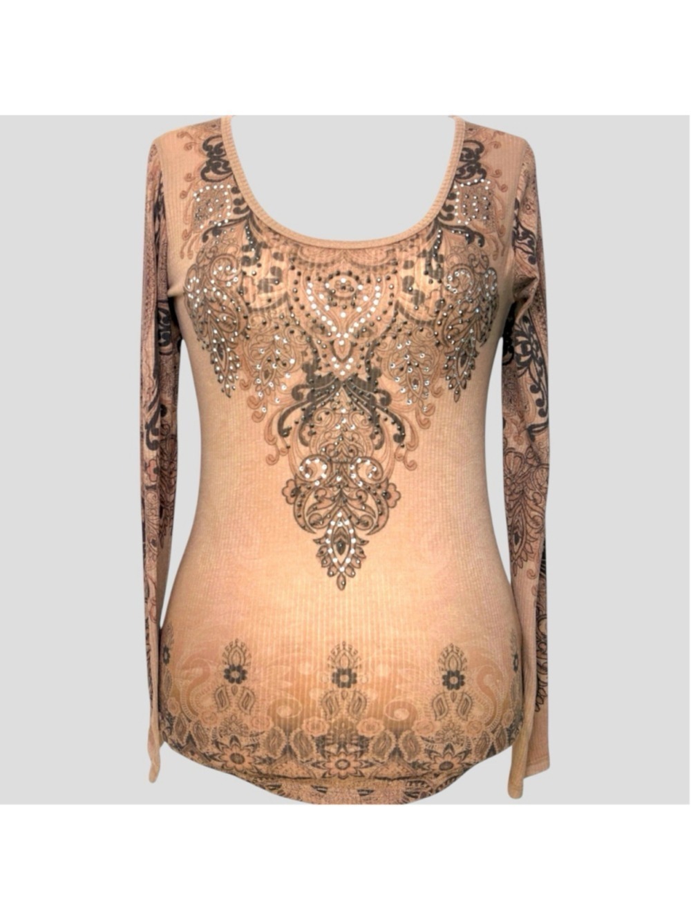 Vocal Rhinestone Angel Wings Long Sleeve Top M Tan Ribbed Y2K Mall Goth Biker - Picture 2 of 15